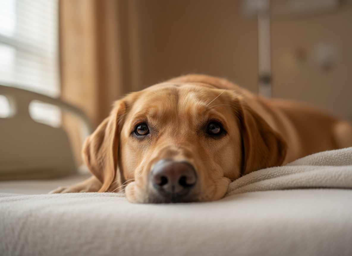 Therapy dog on a bed