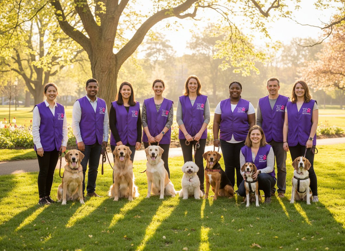 Volunteers with therapy dogs