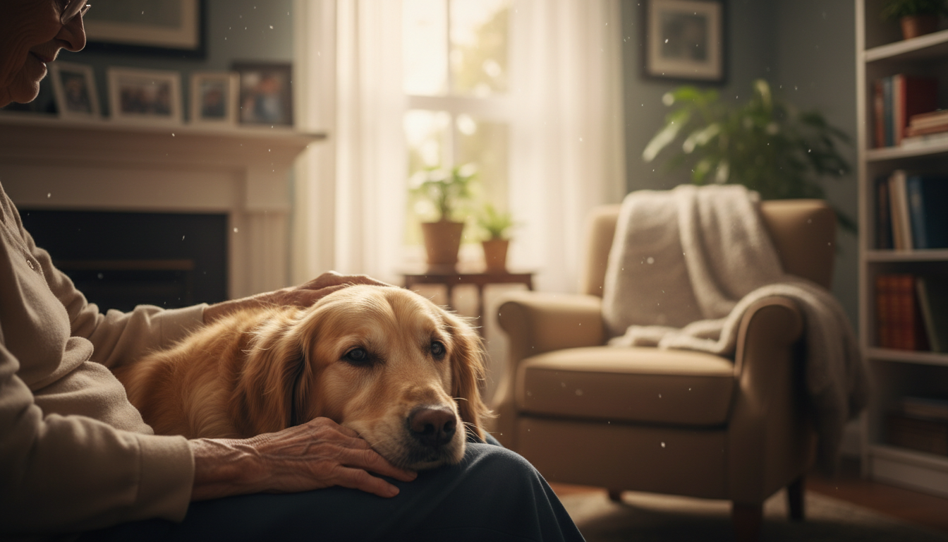 Therapy dog comforting an elderly woman