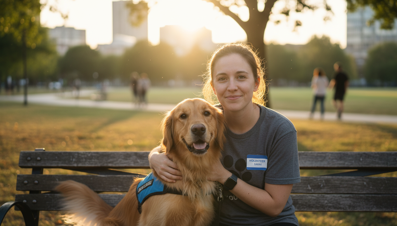 Volunteer with therapy dog